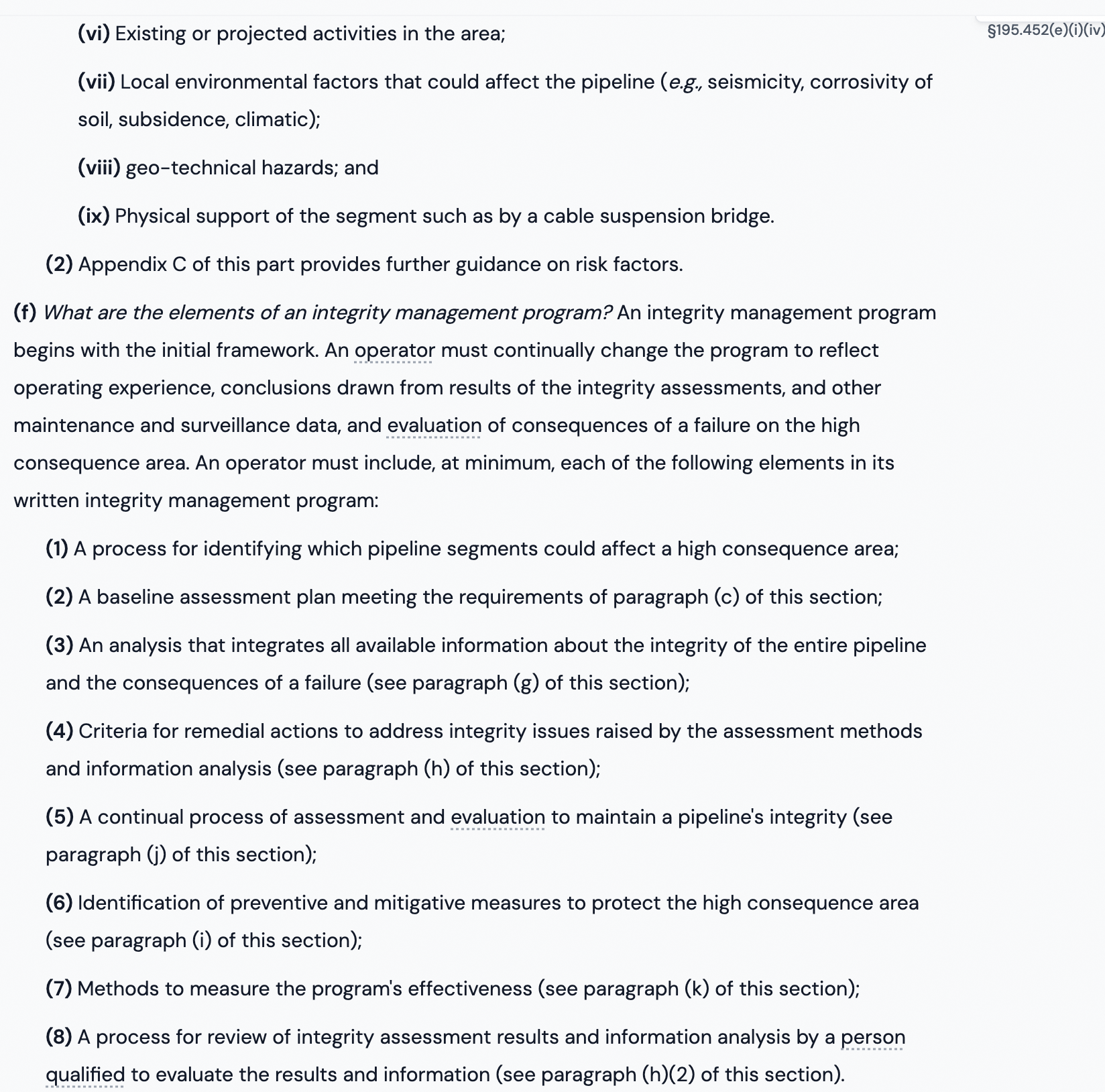 The KONDWIT reader showing the verbatim text of 49 CFR §195.452 - integrity-management risk factors and the elements of a written integrity-management program - with the §195.452(e)(i)(iv) section anchor in view.